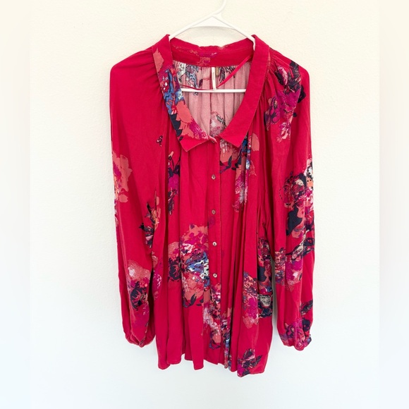 Free People Meadow Lark Red Floral Button Down Shirt - Picture 5 of 7